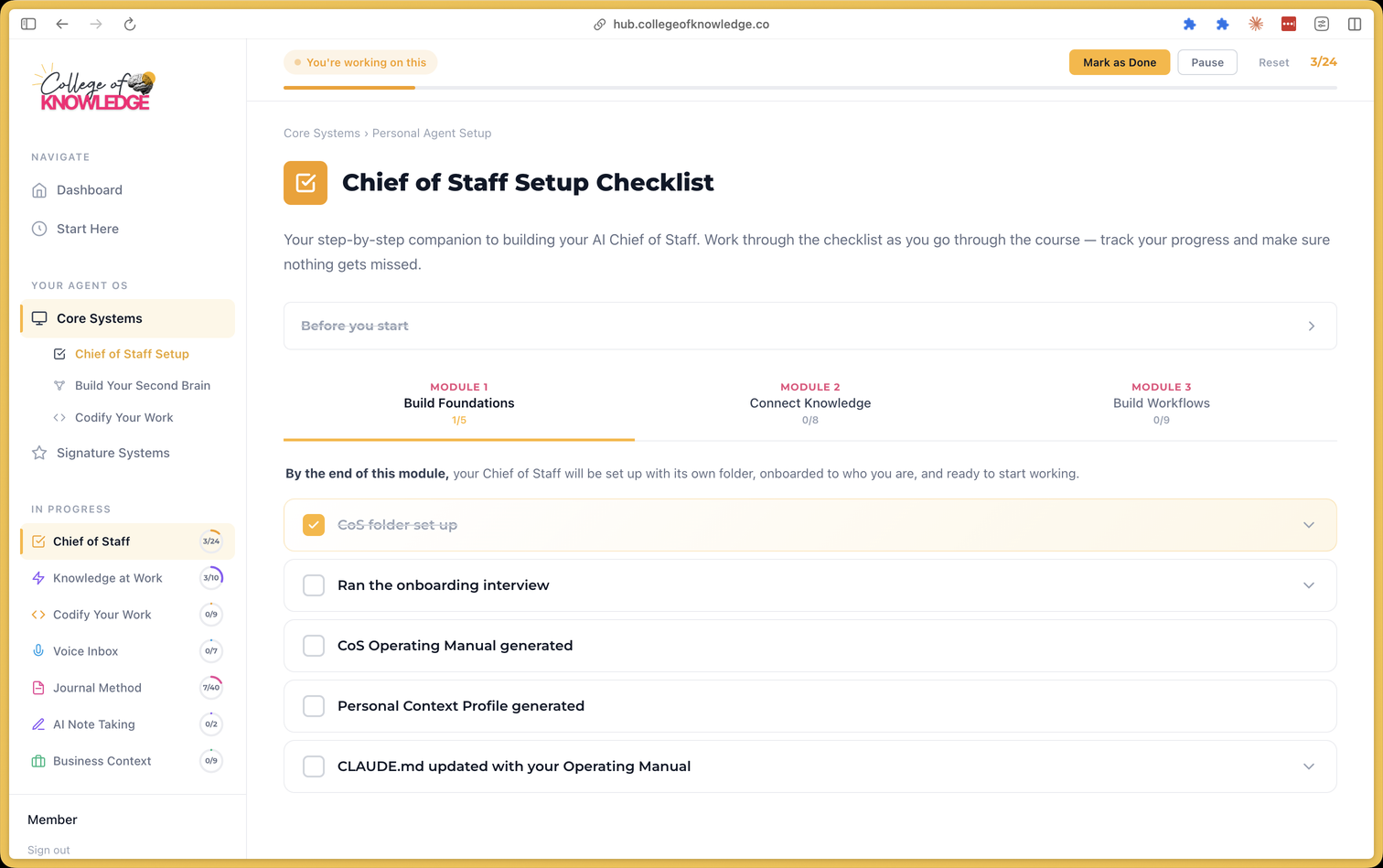 Inside the Toolkit Hub — the Chief of Staff Setup checklist, with modules and progress tracked as you tick each step off