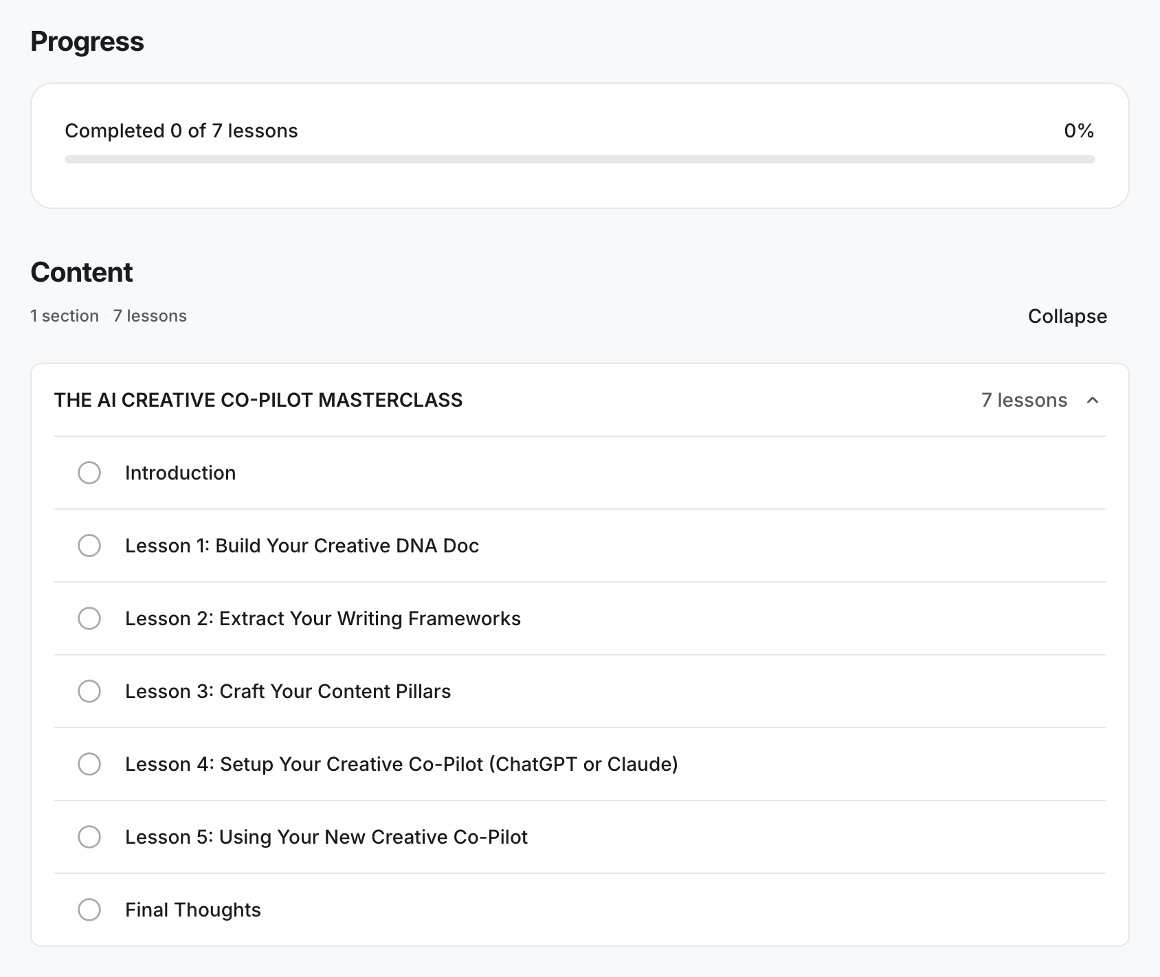 Inside the course: seven lessons listed in the course platform, from Build Your Creative DNA Doc through to Using Your New Creative Co-Pilot.