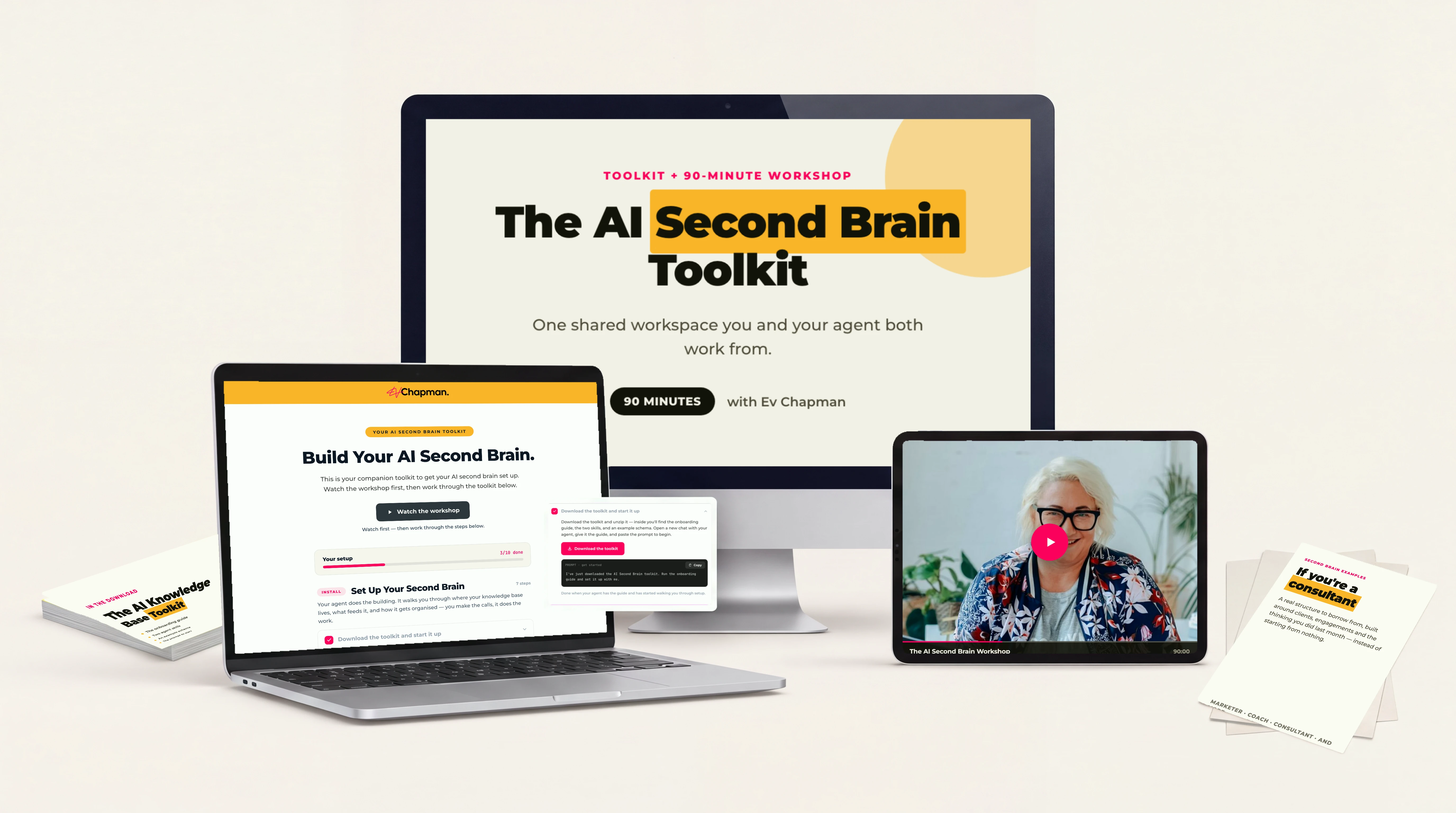 Everything in the AI Second Brain Toolkit: the 90-minute workshop, the toolkit page you work through, the download with the onboarding guide and agent skills, the step where you hand the guide to your agent, and example second brains for different kinds of business