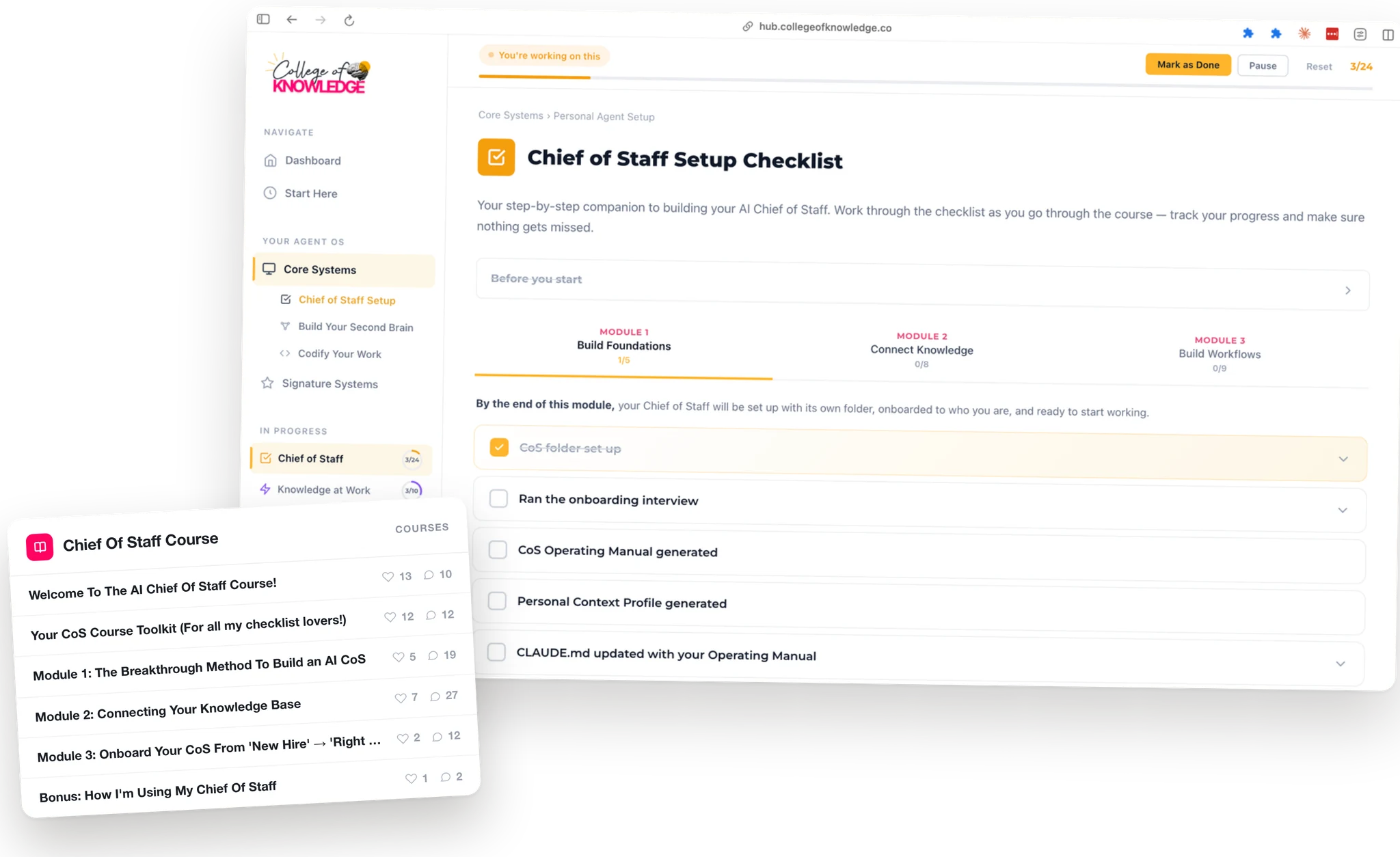 The AI Chief of Staff course: the setup checklist open in the Toolkit Hub with module one's steps being ticked off, and the course lesson list in front of it