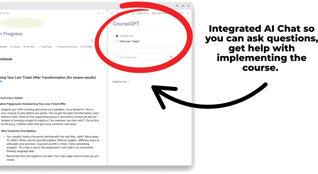 CourseGPT open in a Tana side panel next to a lesson — an integrated AI chat you can ask questions and get help implementing the course