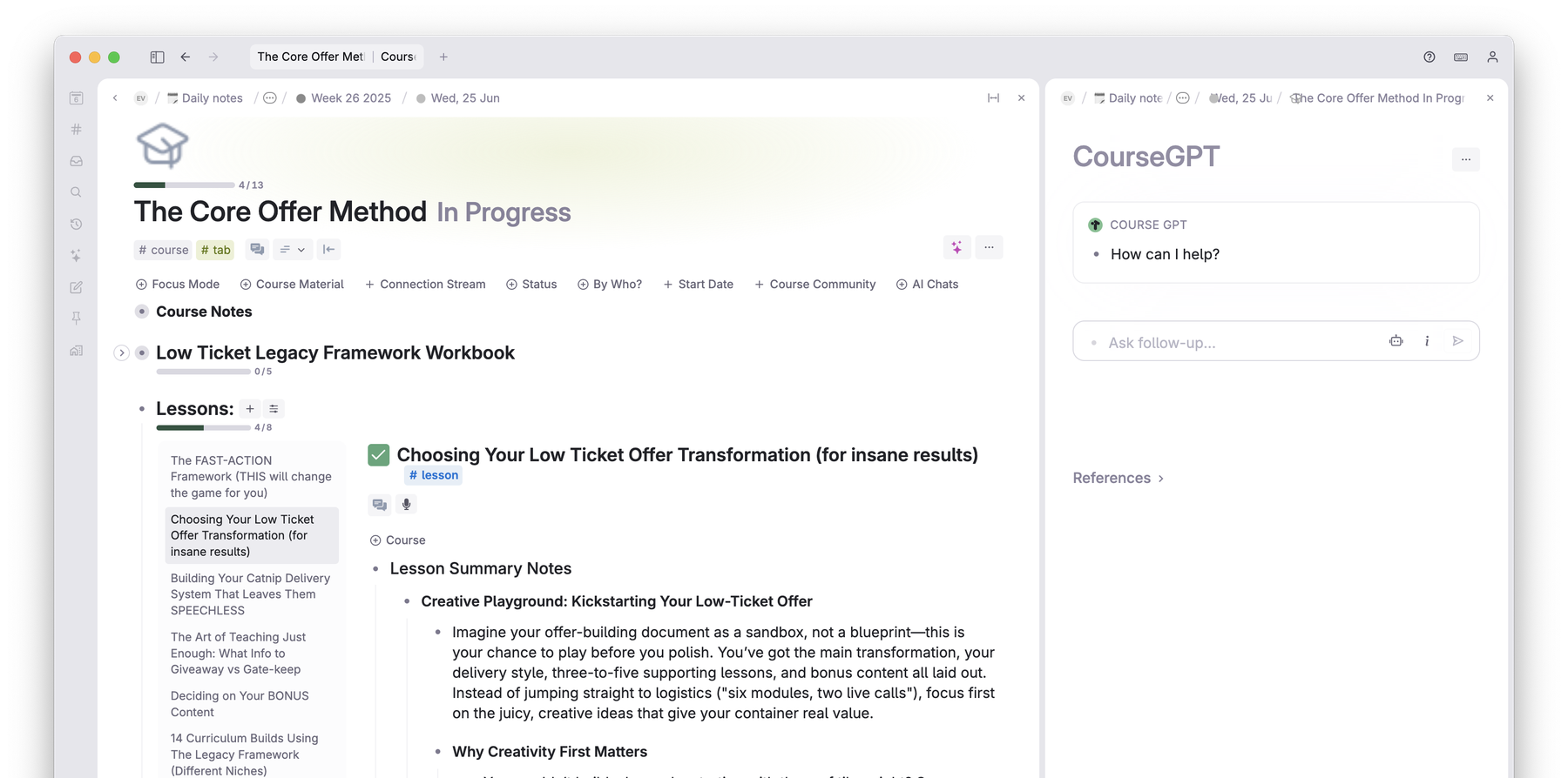 Course Co-Pilot open in Tana: a course with lesson progress, a lesson list, auto-generated lesson summary notes, and CourseGPT answering questions in the side panel