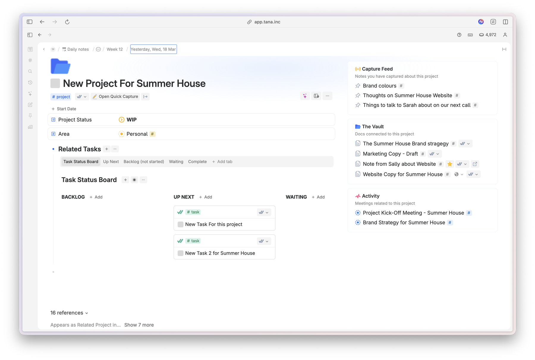 A project open in the Focus Hub: status, area and a task status board on the left, with the notes captured about it, the docs connected to it and the meetings related to it all listed down the right
