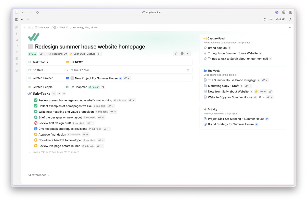 A task open in the Focus Hub showing its status, do date, related project and related people, nine sub-tasks with their own statuses, and the project's notes, docs and meetings alongside it