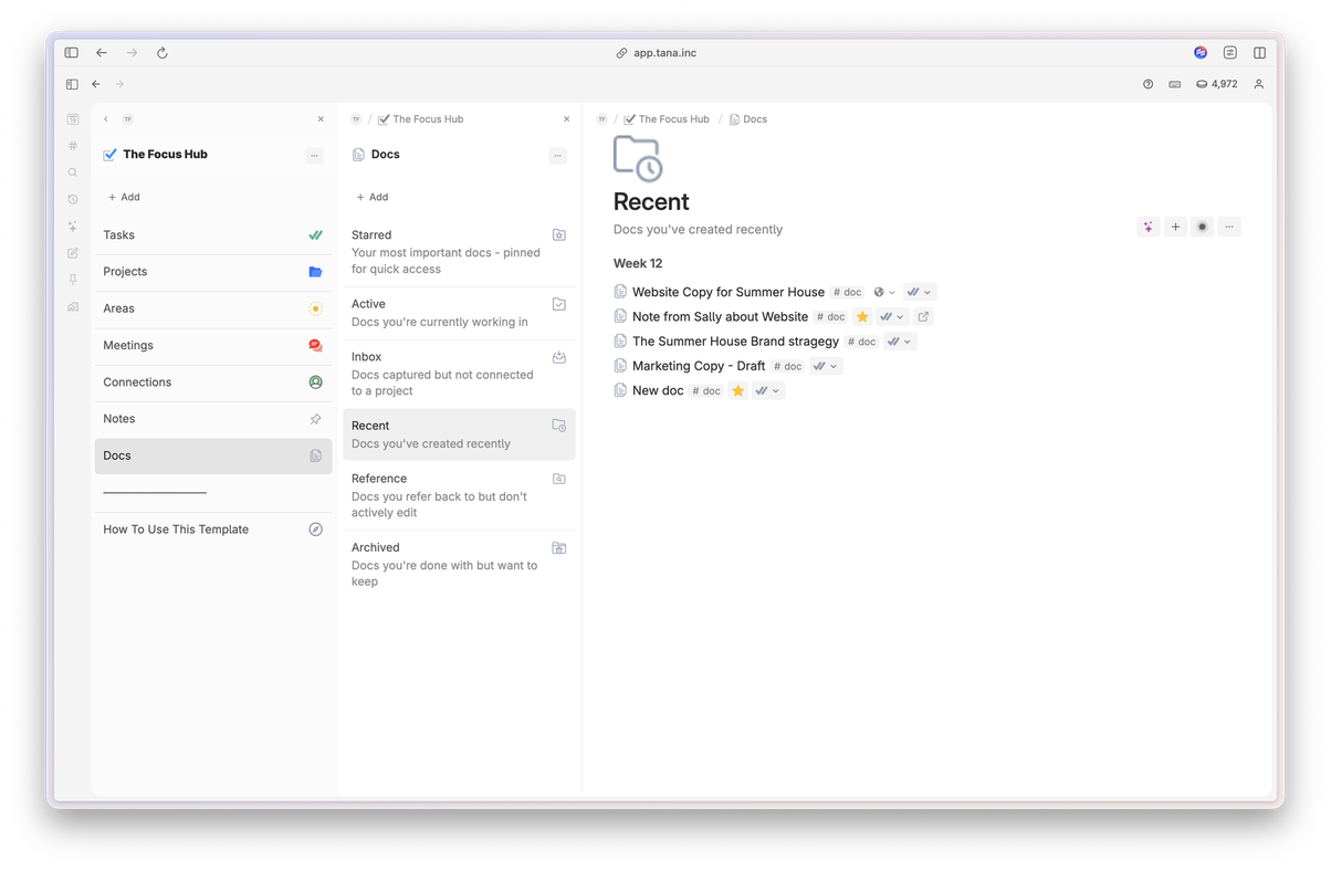 The Focus Hub sidebar — Tasks, Projects, Areas, Meetings, Connections, Notes and Docs — with the Docs section open on Starred, Active, Inbox, Recent, Reference and Archived views