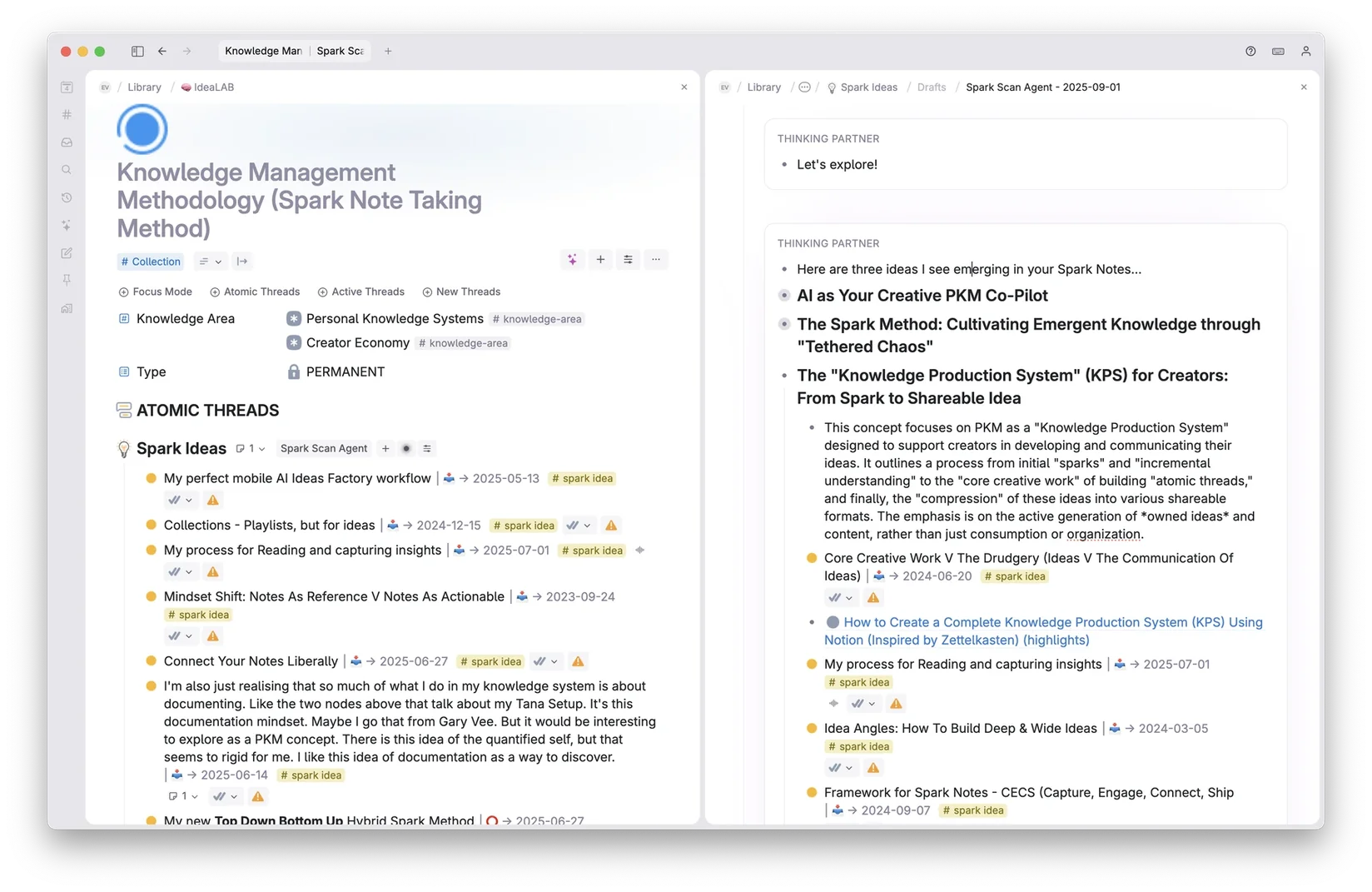 The Spark Scan Agent reading a collection of spark notes and naming the three ideas emerging from them