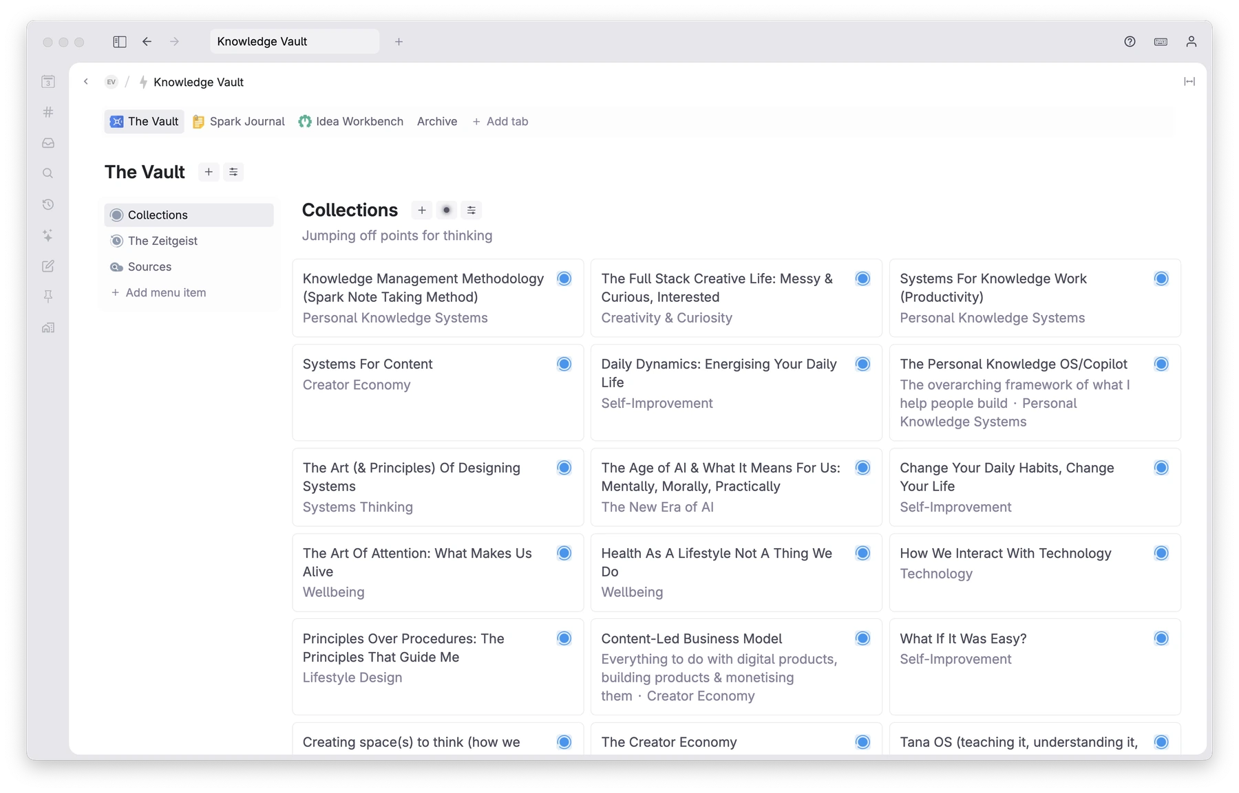 The Knowledge Hub open in Tana — the Vault, Spark Journal and Idea Workbench tabs, with a grid of idea collections underneath