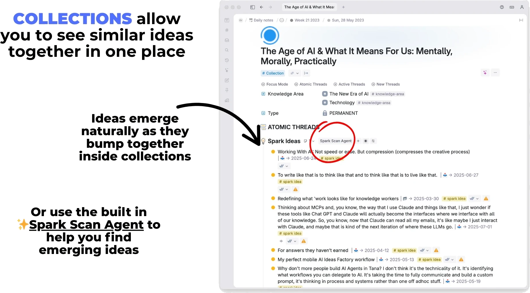 A collection in the Knowledge Vault — similar spark ideas gathered in one place, with the Spark Scan Agent attached to find what's emerging