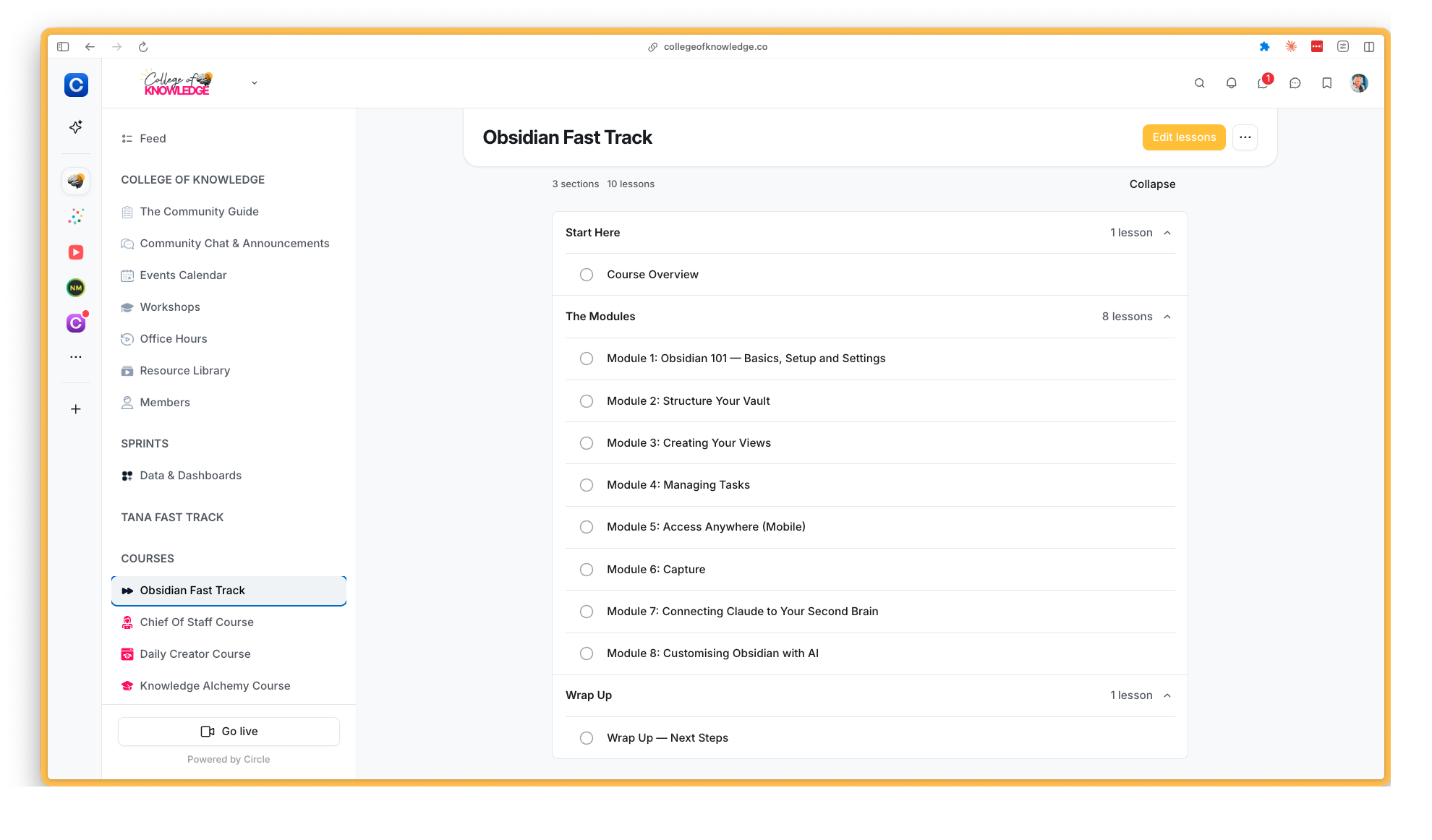 Obsidian Fast Track inside College of Knowledge: the eight modules listed in Circle