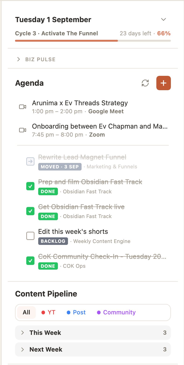 The Daily OS panel in Obsidian: the date and cycle, today’s agenda, tasks and the content pipeline