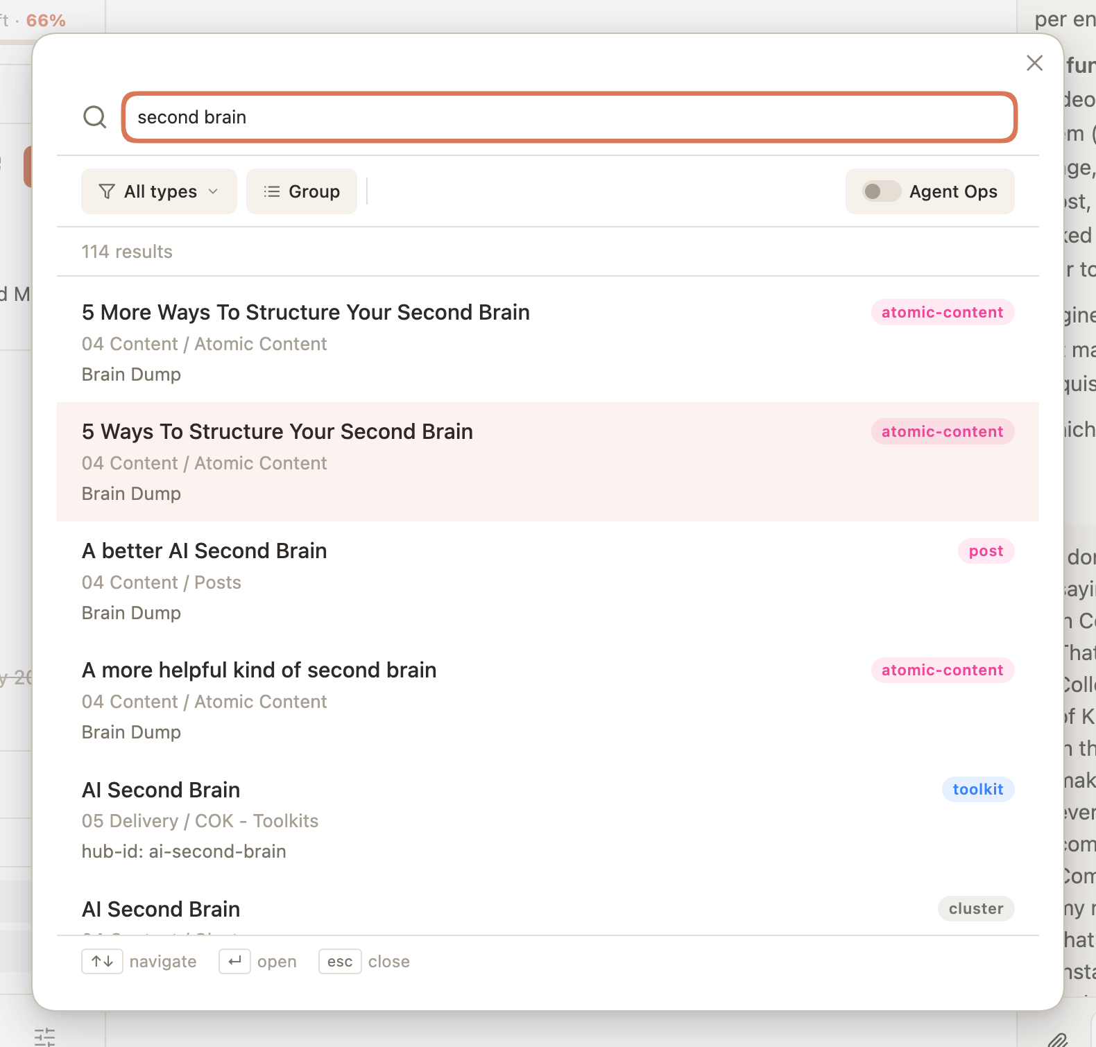 Search OS in Obsidian: a search for “second brain” with results grouped by type