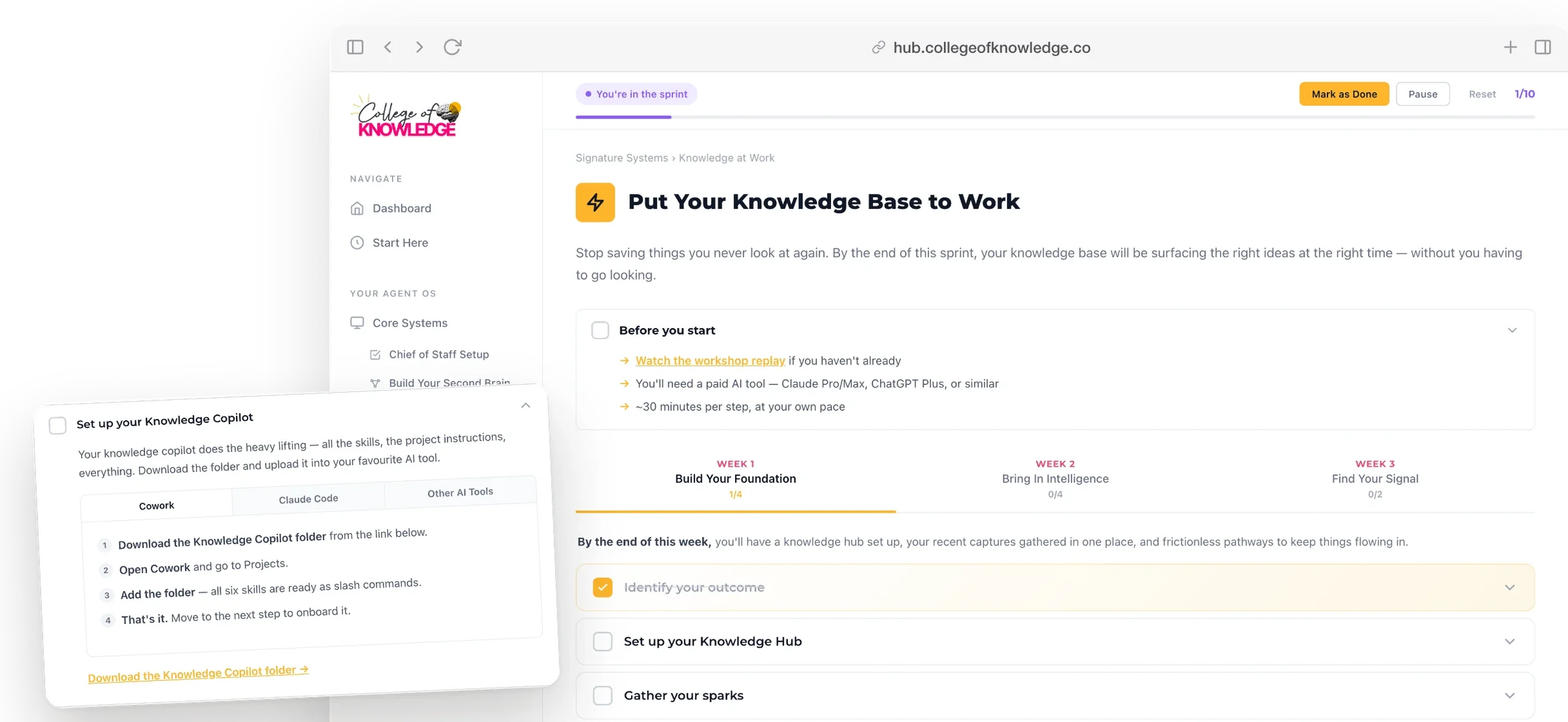 The Knowledge Sprint open in the College of Knowledge Hub: the three weeks with the first two steps ticked off, and one step opened to show its prompt