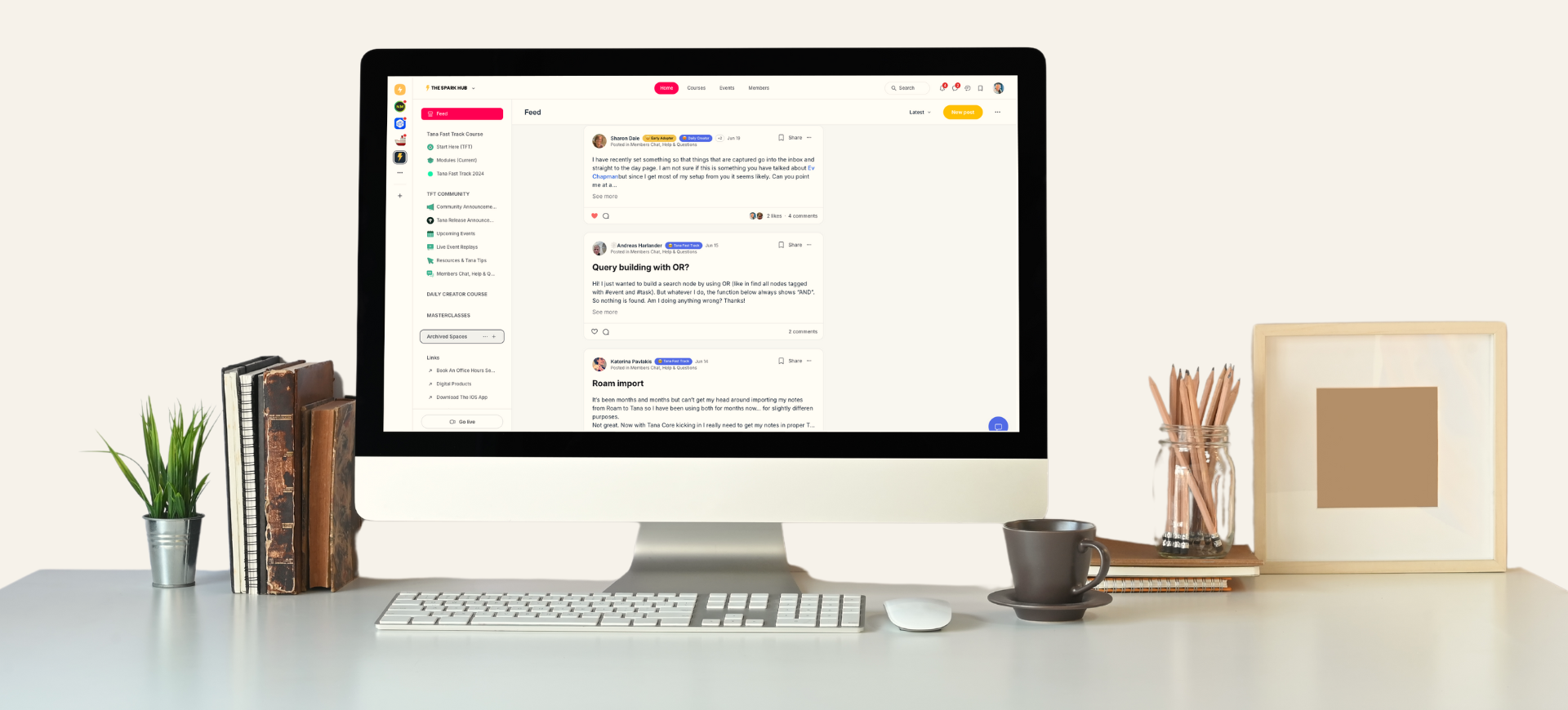 The Tana Fast Track course inside Circle: the module list down the left, and a Members Chat, Help & Questions feed where students post real questions about query building, importing from Roam and capturing to the day page