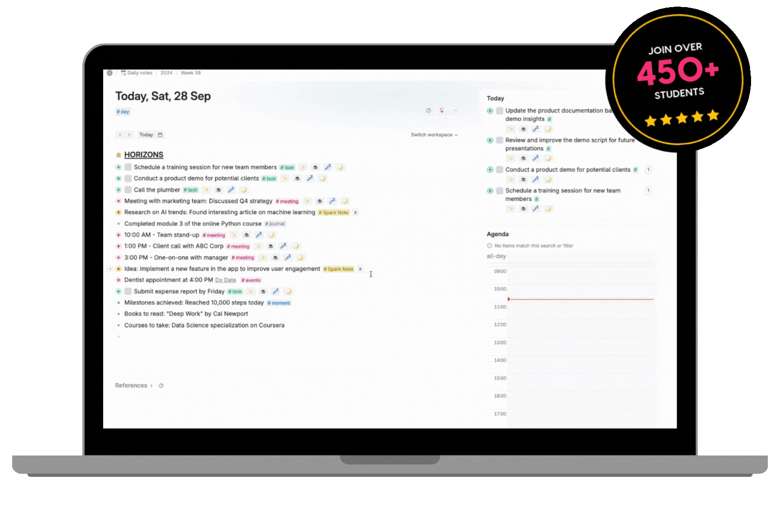 The Focus Hub open in a Tana workspace on a laptop, moving through the task dashboard