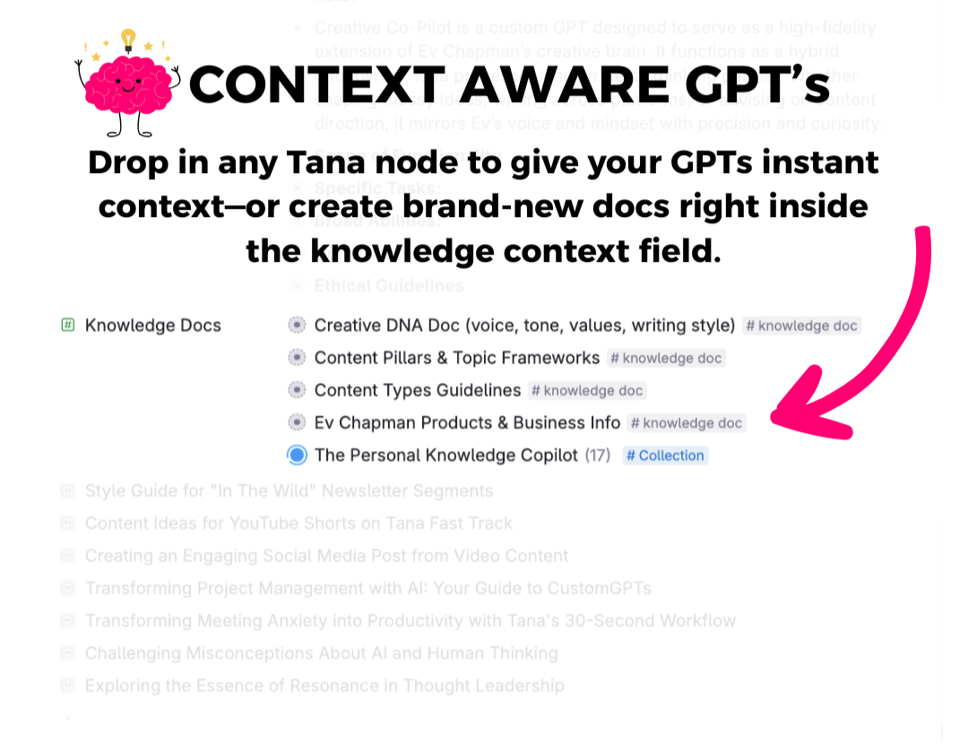 A GPT in Tana with a Knowledge Docs field — a creative DNA doc, content pillars and a whole collection of notes dropped straight in as context