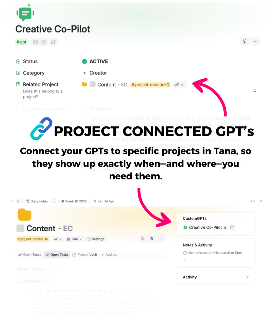A GPT with a Related Project field pointing at a content project, and the same GPT then showing up in a CustomGPTs panel inside that project