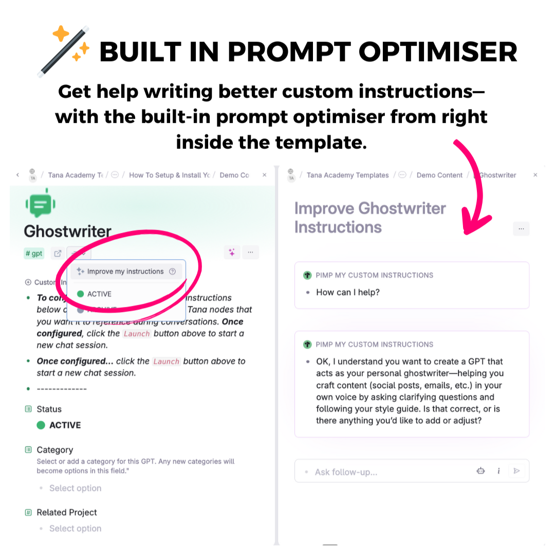 The Improve My Instructions command on a Ghostwriter GPT, with the optimiser writing the custom instructions back to you in the panel beside it