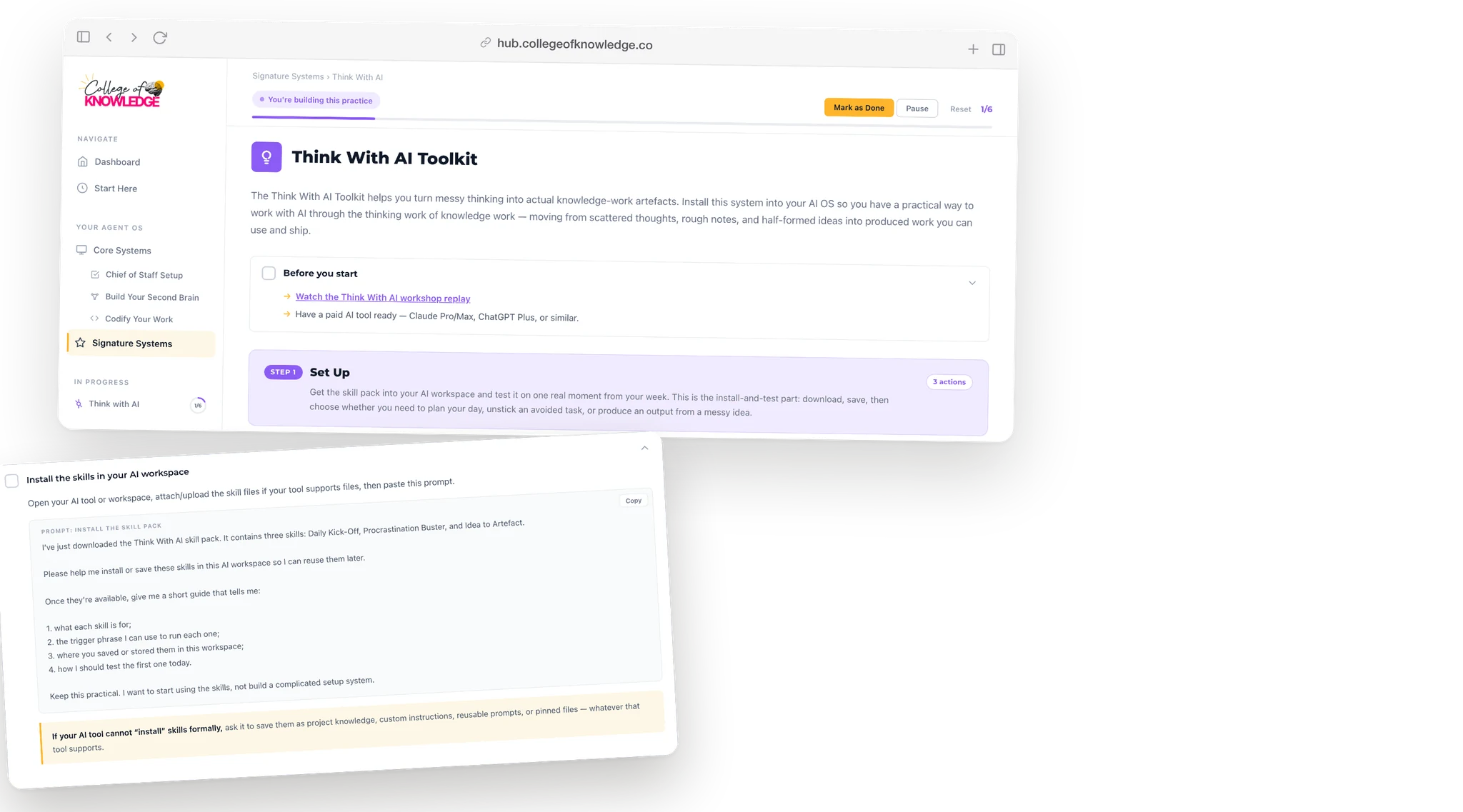 The Think With AI Toolkit in the College of Knowledge Hub: the set-up steps with the first one ticked off, and the install step opened to show the prompt you paste to your AI