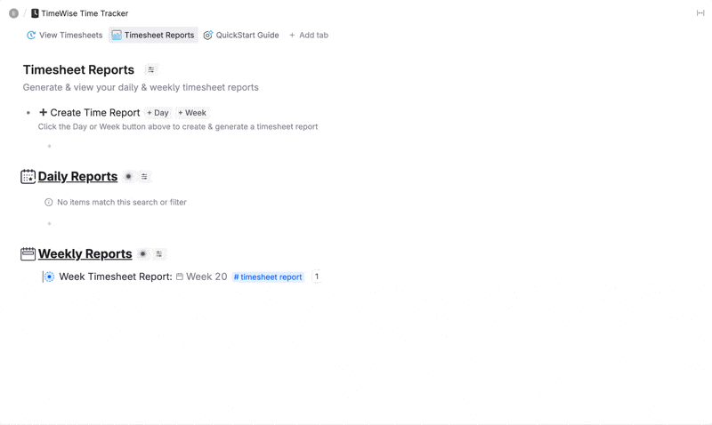 Animation: the Timesheet Reports tab in Tana — clicking Day or Week creates a timesheet report node that AI fills in, filed under Daily Reports and Weekly Reports