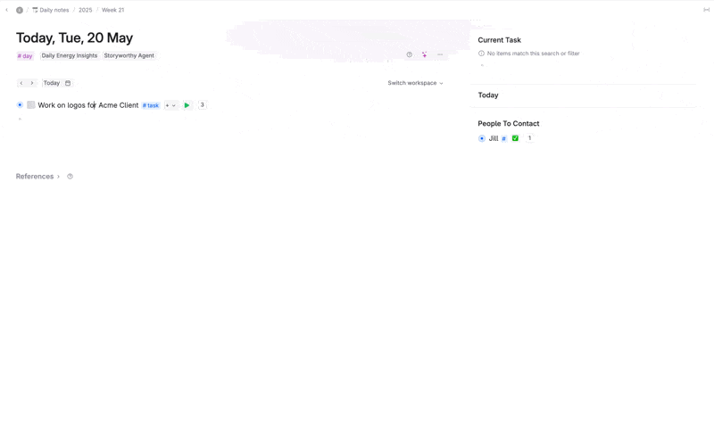 Animation: a task in Tana being timed — the Stop Timer button is clicked and three timesheet entries appear in the Time Logs panel, adding up to the total time on the task