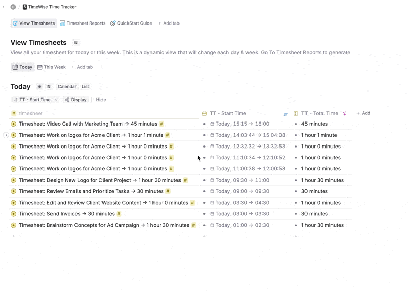 Animation: the View Timesheets hub in Tana, switching between Today and This Week and between calendar and list views, with each tracked session laid out on the day's timeline